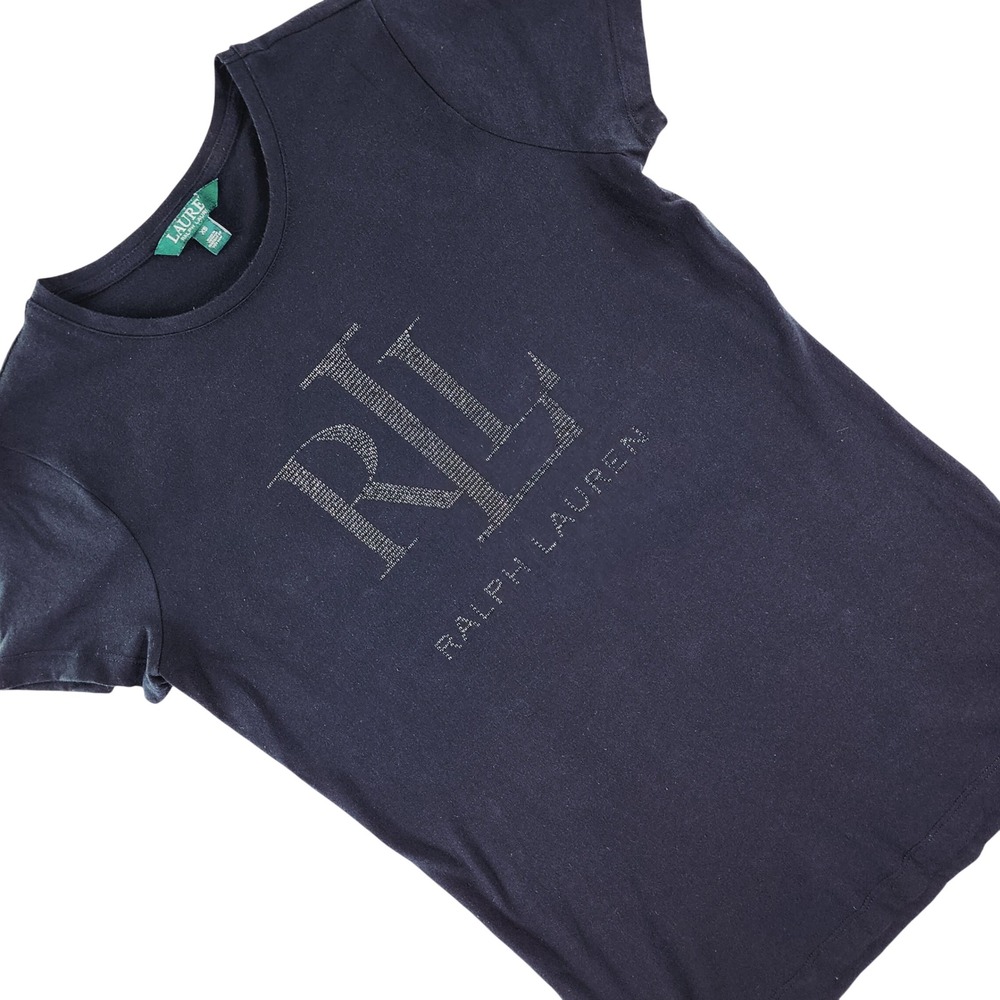 Lauren Ralph Lauren T-Shirt Women XS Black Slim‎ Rhinestone Logo Cotton Blend
